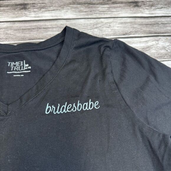 Time and Tru Women's Bridesbabe Tee T Shirt M Med Medium Black Light Blue V Neck - Picture 3 of 12